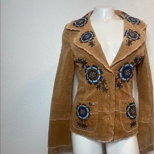 Johnny Was Tan Blazer with Blue Floral Embroidery